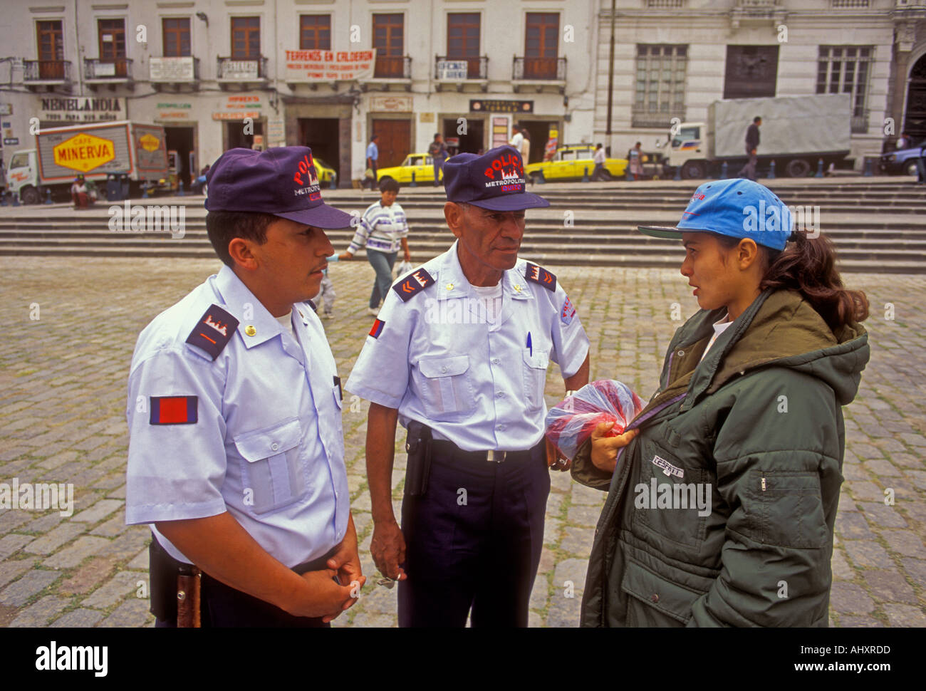 Ecuadorans, 2, two, metropolitan policemen, policemen, police officers, Plaza de San Francisco, Quito, Pichincha Province, Ecuador, South America Stock Photo