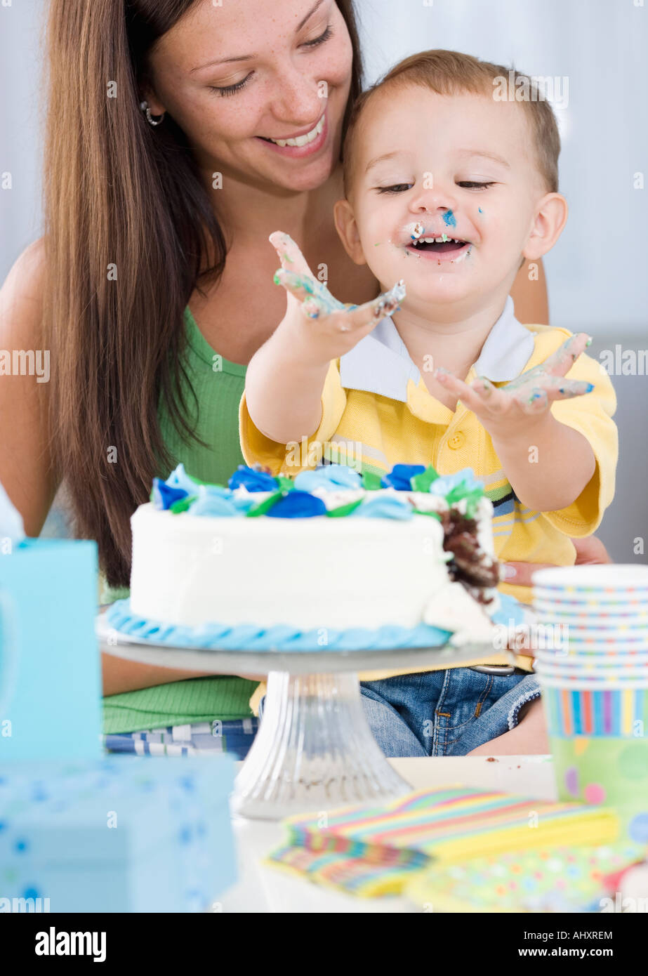 Baby eating birthday cake Stock Photo Alamy