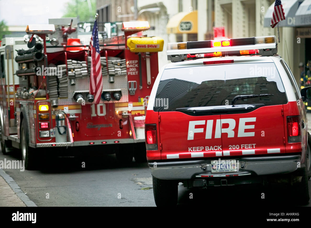 Fire trucks in urban area Stock Photo
