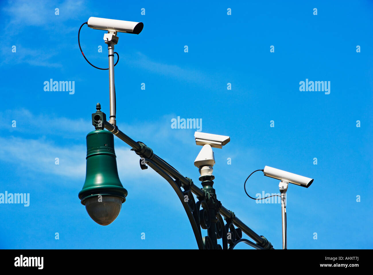 Security cameras on lamp post Stock Photo Alamy
