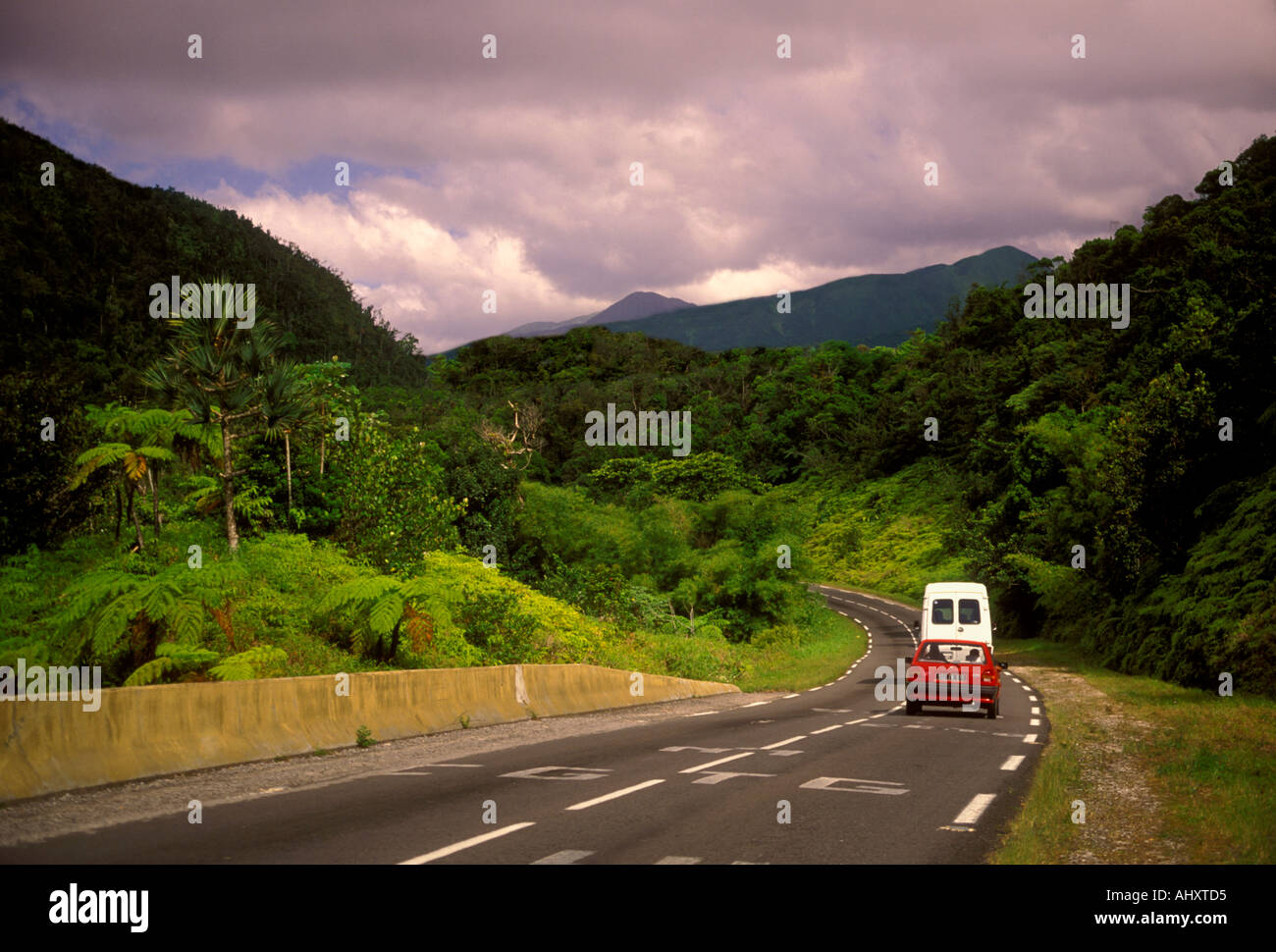 red car, road trip, Route de la Traversee, Guadeloupe National Park