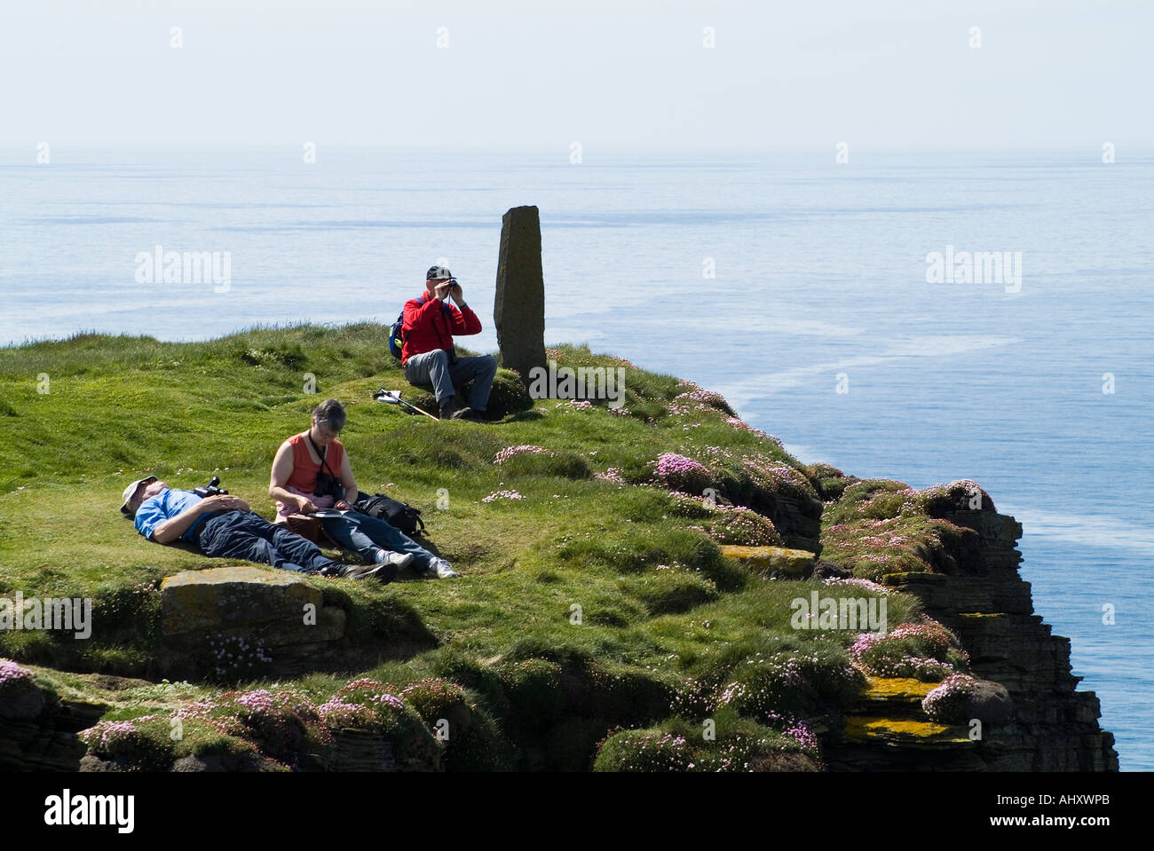 dh Marwick Head BIRSAY ORKNEY Tourist birdwatchers viewing RSPB Nature reserve on seacliff top Stock Photo