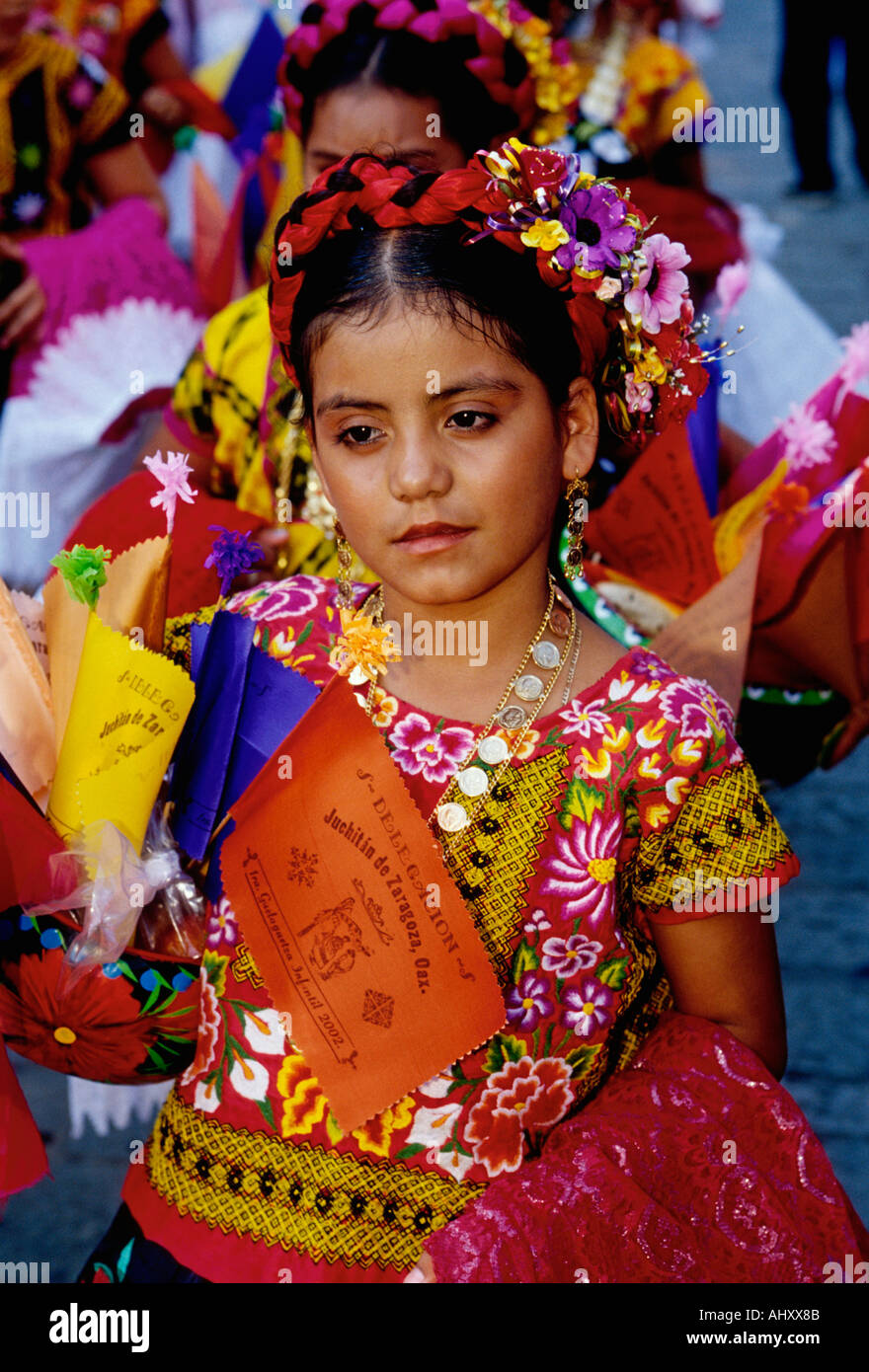 Mexican girl, Mexican, girl, costumed dancer, portrait, Guelaguetza Festival, Oaxaca, Oaxaca de Juarez, Oaxaca State, Mexico Stock Photo