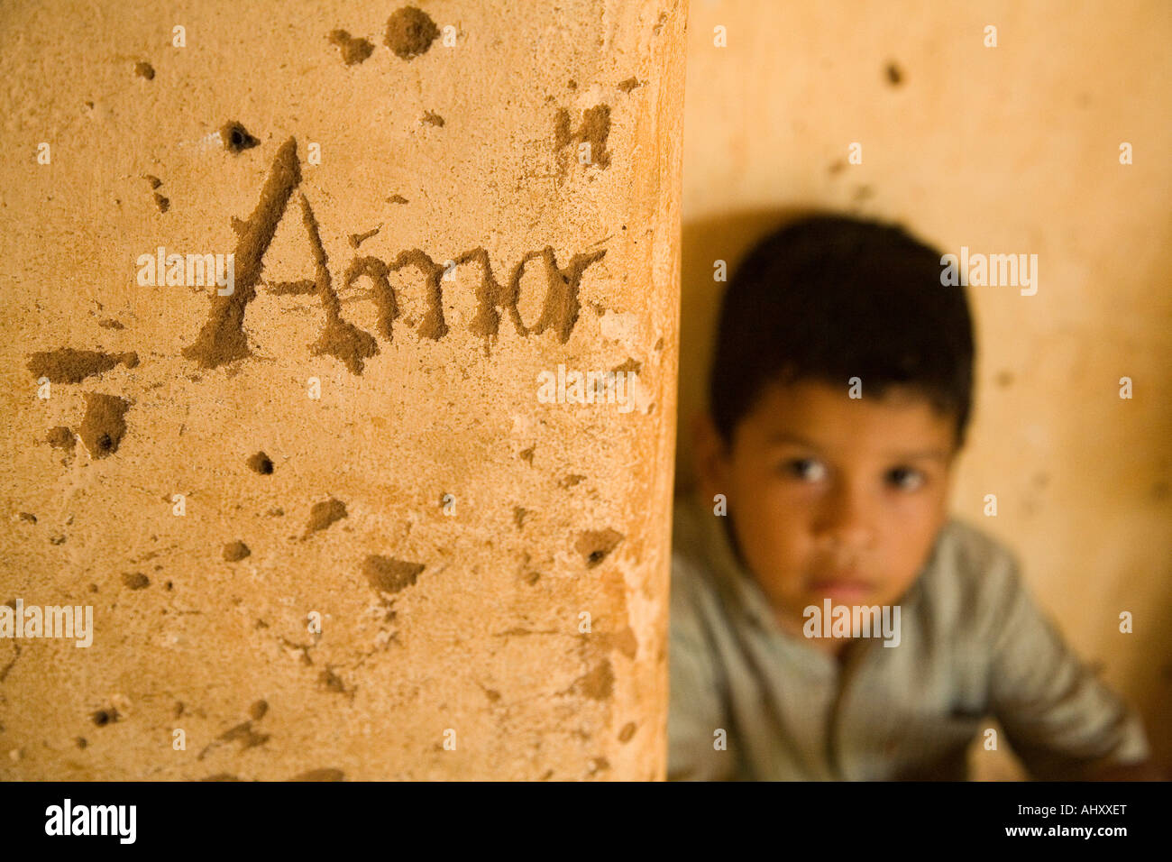 Bolivian boy in the Jesuit mission of Santa Ana,  Bolivia Stock Photo