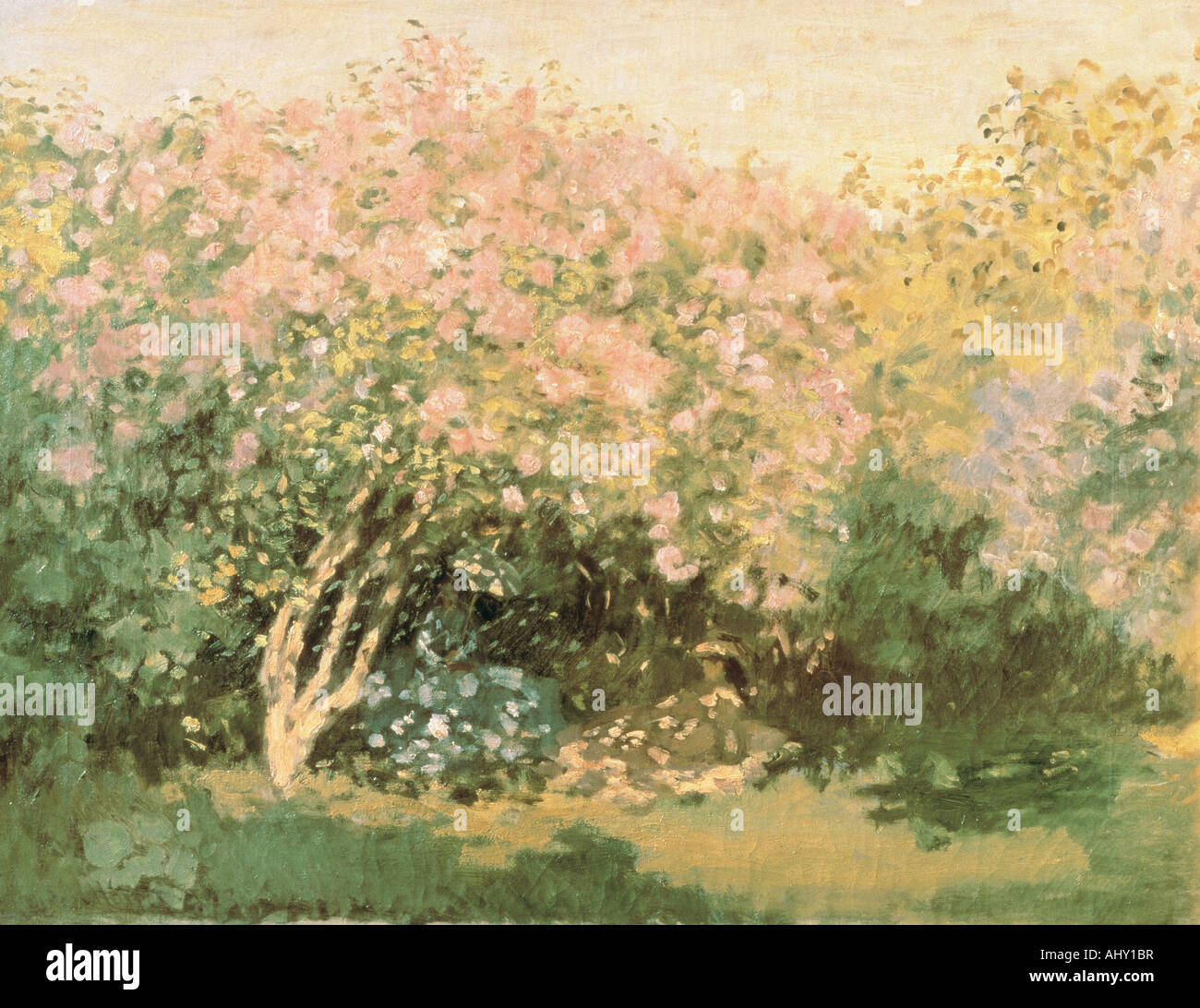 'fine arts, Monet, Claude (1840 - 1926), painting, 'Lilacs in the Sun', 1872, oil on canvas, Pushkin Museum, Moscow, French, i Stock Photo