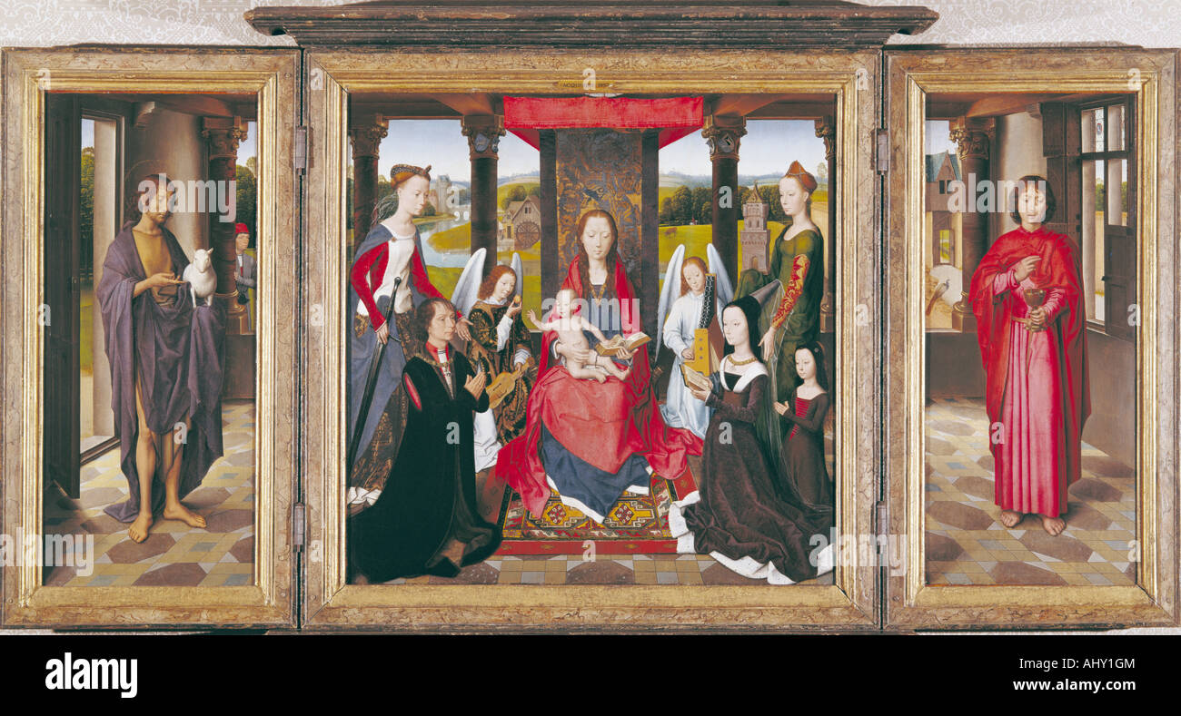 fine arts, Memling, Hans (circa 1433 - 1494), painting, Virgin Mary with Child and Saints, National Gallery, London, Dutch, goth Stock Photo