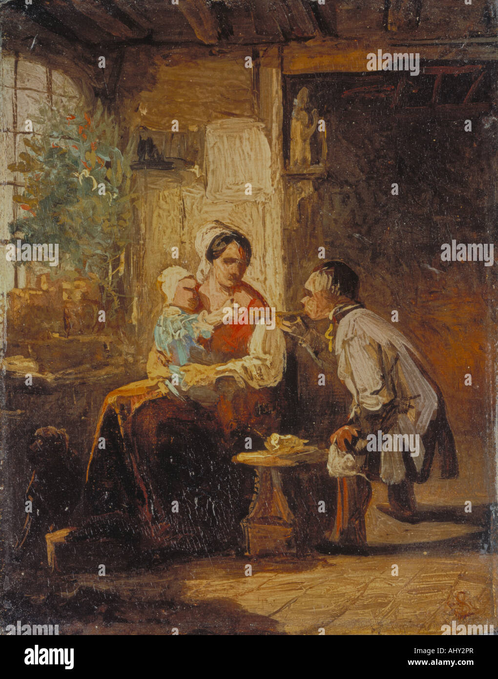 'fine arts, Moralt, Ludwig (1815 - 1888): painting, 'Eltern und Kind', German, parents and child, family, mother, room, father Stock Photo