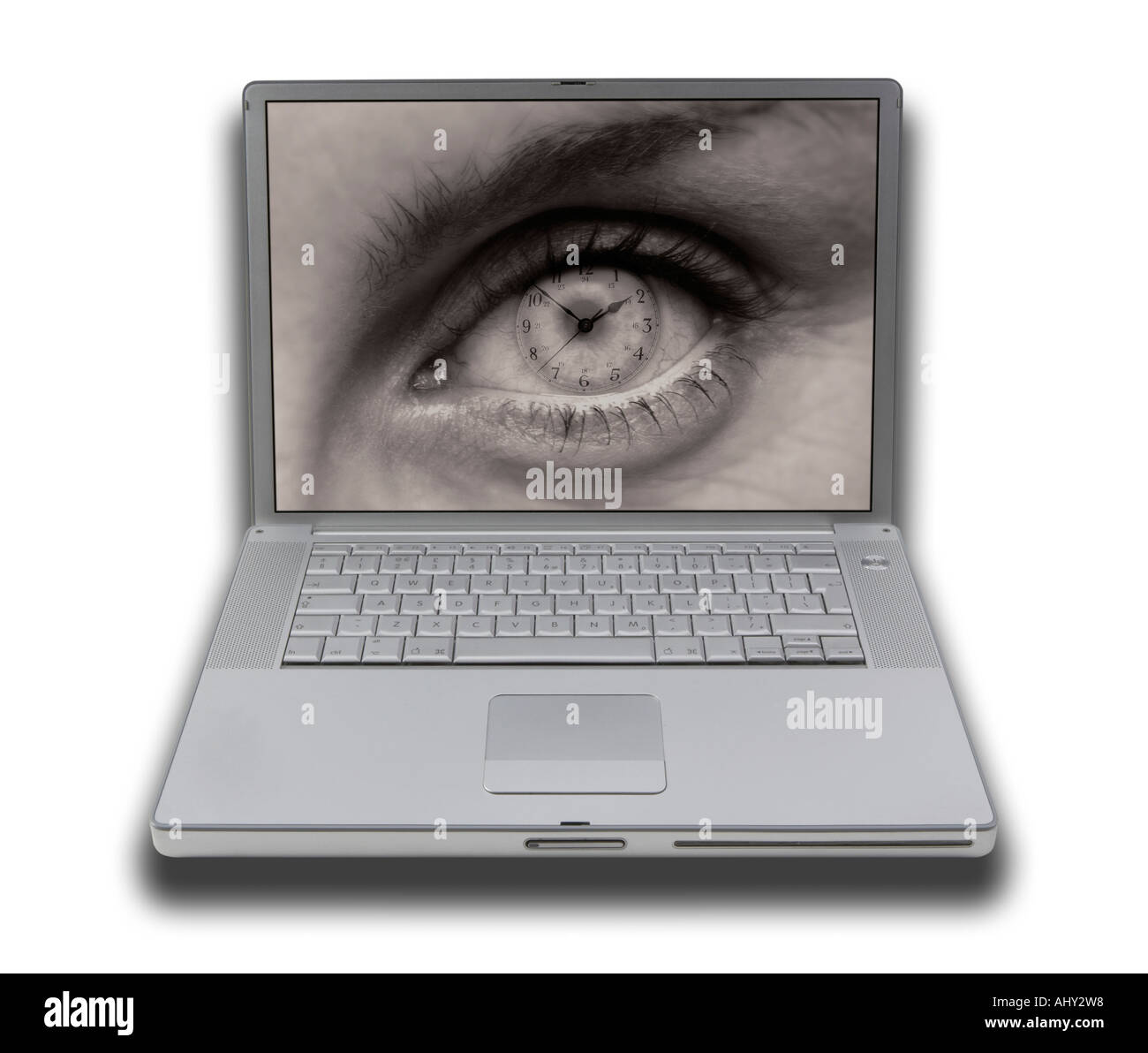 LAP TOP NOTE BOOK PERSONAL COMPUTER WITH SCREEN DISPLAYING PICTURE OF FEMALE EYE WITH CLOCK FACE IN PUPIL Stock Photo