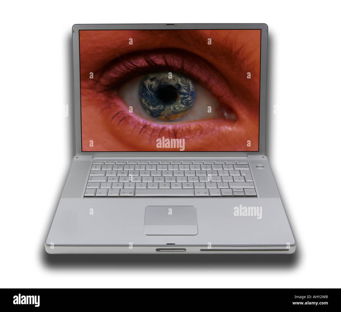 LAP TOP NOTE BOOK PERSONAL COMPUTER WITH SCREEN DISPLAYING PICTURE OF FEMALE EYE WITH PLANET EARTH IN PUPIL Stock Photo