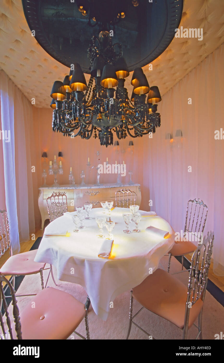 The private dining room with the black crystal chandelier at The Baccarat Restaurant “Le Cristal Room”, in the old dining room. Stock Photo