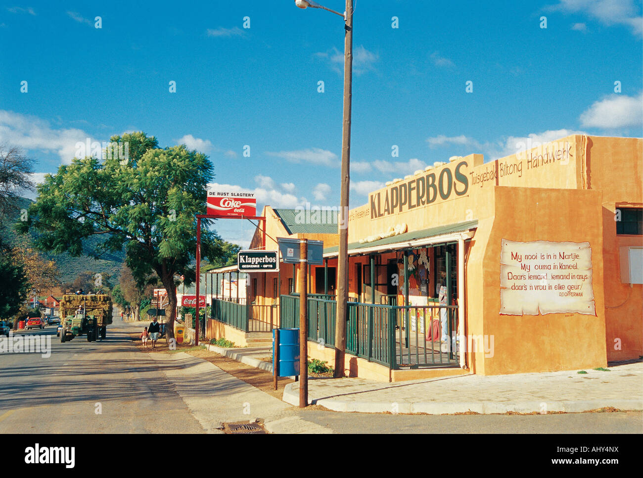 Village scene at De Rust Karoo South Africa There are many signs in the Afrikaans language Stock Photo
