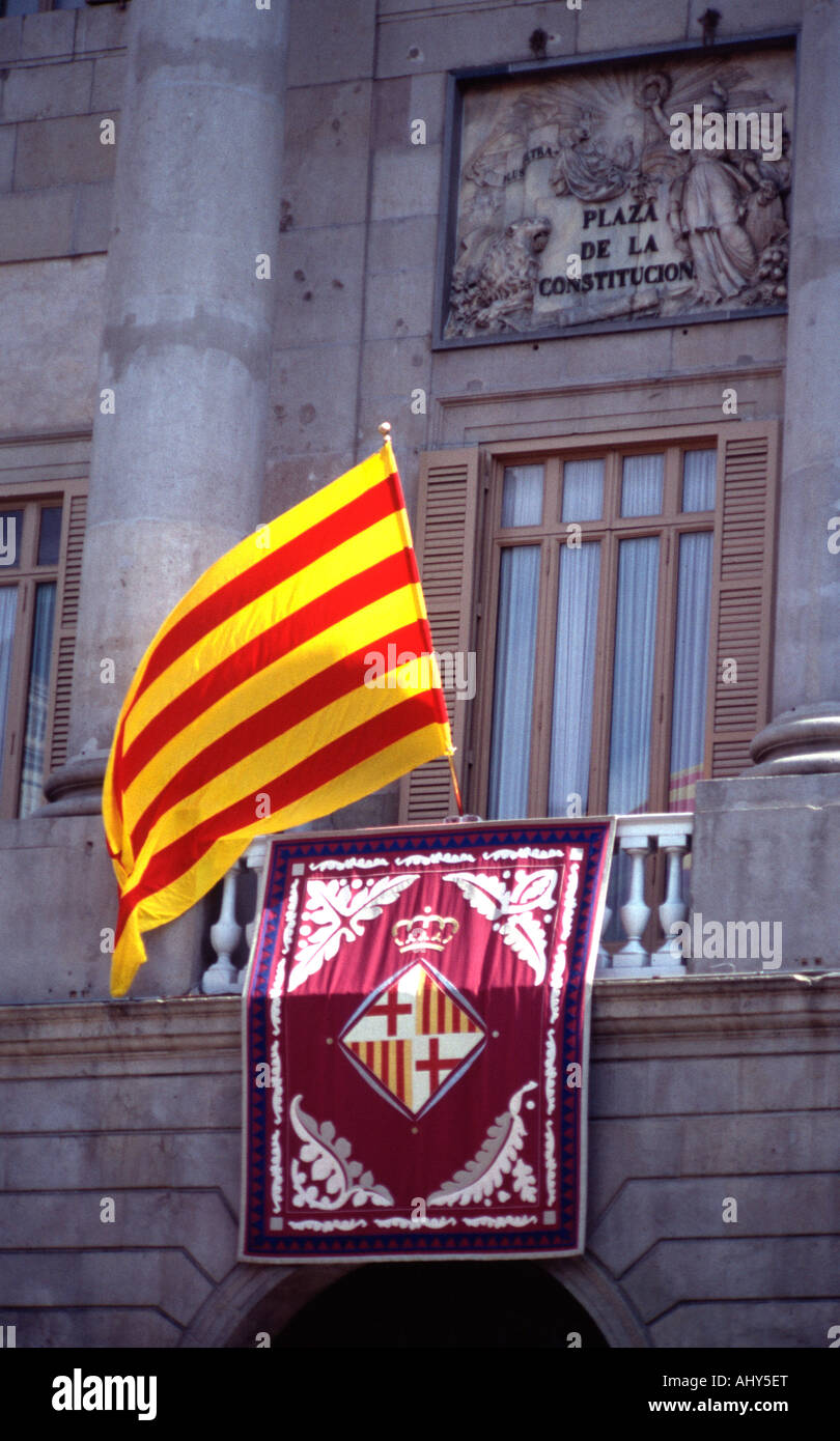 Catalonia flag in Barcelona town hall. Stock Photo