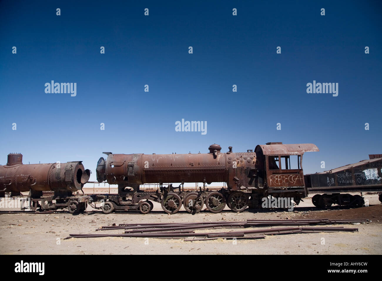 Rusty train in the Uyuni train cemetary in bolivia Stock Photo