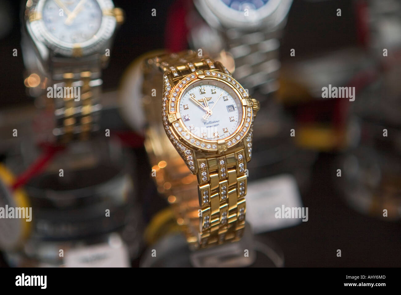 Close up of Breitling watch in Watches of Switzerland store window on Oxford Street London Stock Photo