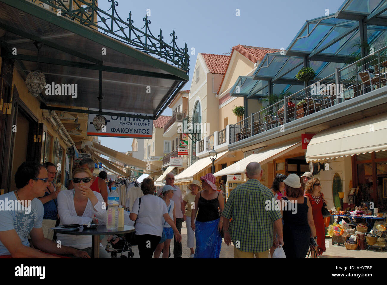 main shopping street in Argostoli the capital town of the island of Kephalonia one of the Greek islands Stock Photo