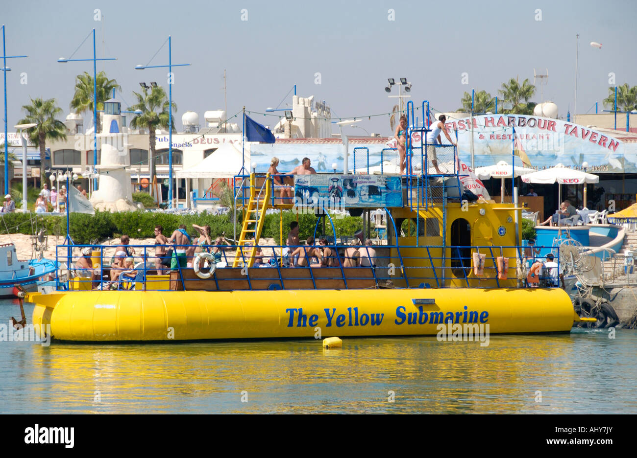 Harbour at Ayia Napa on the Mediterranean island of Cyprus EU Yellow Submarine novelty tourist boat Stock Photo