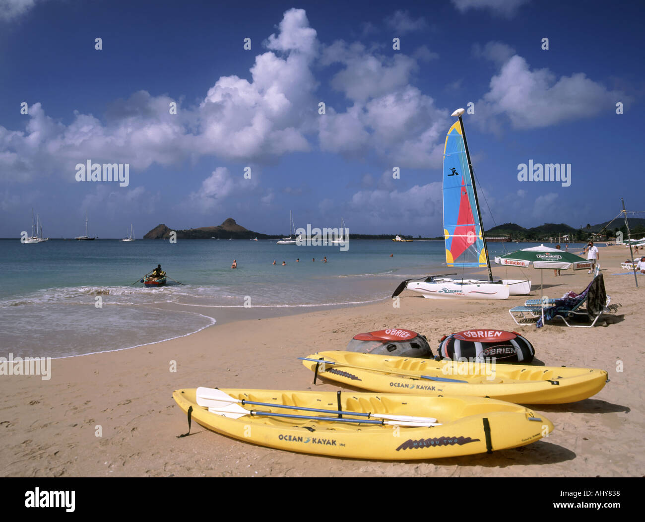 Reduit beach catamaran kayaks Pigeon Island distant Stock Photo