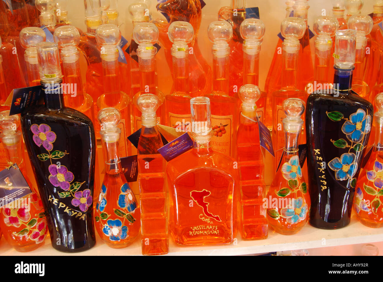 Kumquat Liquer Souvenir Bottles, Corfu Old Town, Kerkyra, Corfu, Ionian Islands, Greece Stock Photo