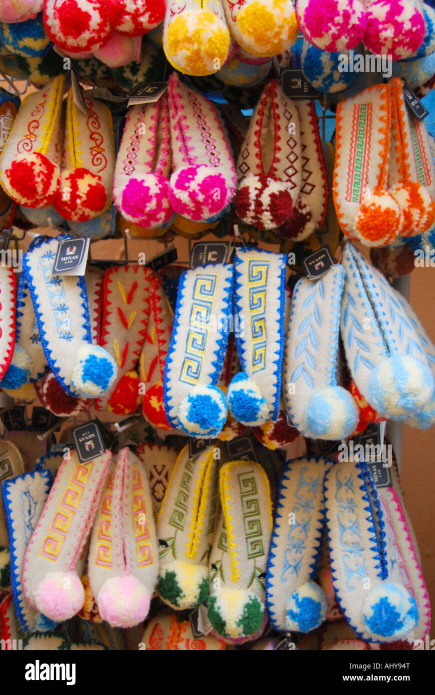 Traditional Greek woollen Slippers, Corfu Old Town, Kerkyra, Corfu, Ionian Islands, Greece Stock Photo