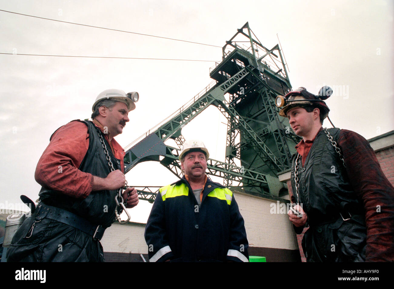 Miners at the pit head of Tower Colliery deep coal mine at Hirwaun