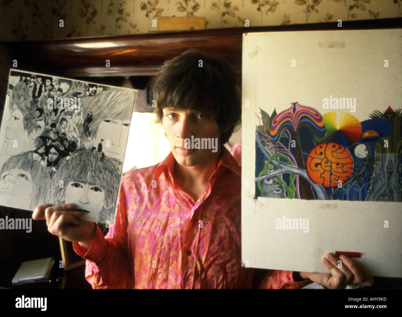 KLAUS VOORMAN of Manfred Mann group at his London home with his LP designs for the Beatles and the Bee Gees on 27 July 1967. Photo: Tony Gale Stock Photo