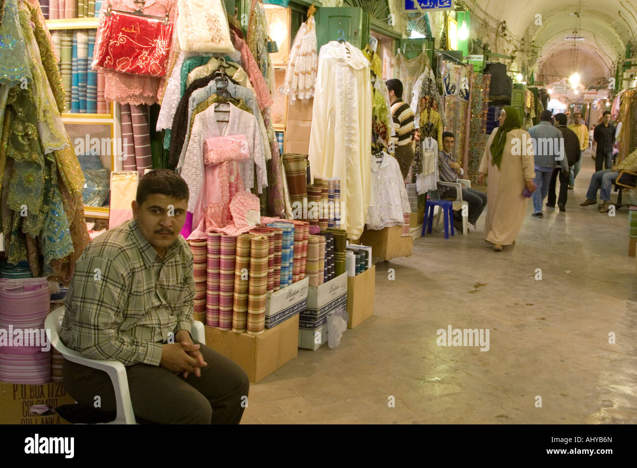 Tripoli, Libya. Street Scene in the Medina (Old City) Market (Suq), Women's Clothing and Textiles Section Stock Photo