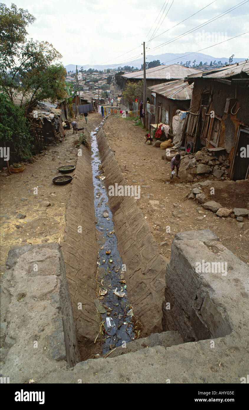 Open sewers in a slum area of Addis Ababa, Ethiopia Stock Photo