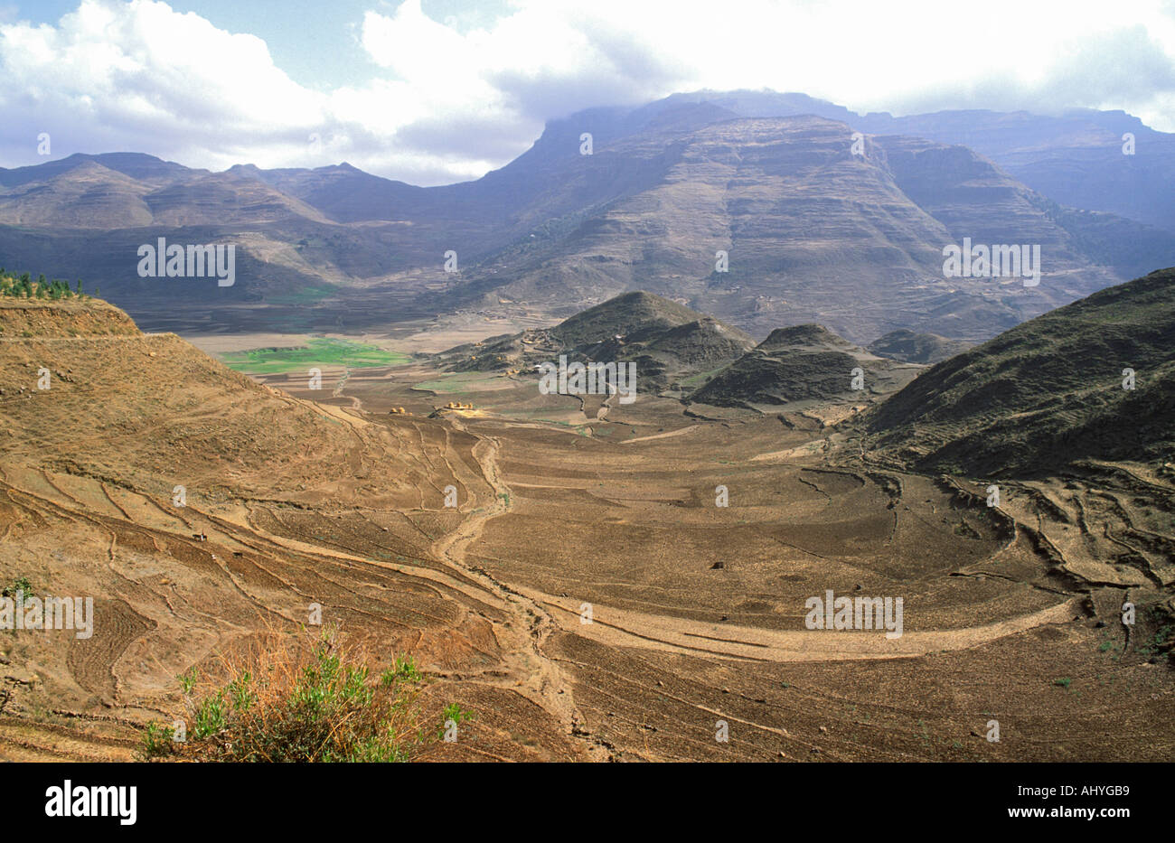 A landscape of deforested and drought-parched hills in the Great Rift Valley, Tigray, Northern Ethiopia Stock Photo