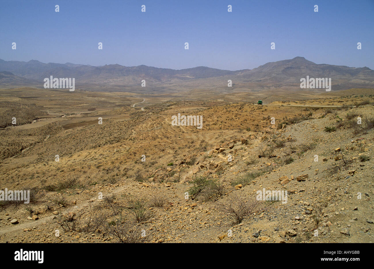 Landscape view of the barren, deforested hills and fields of the Rift Valley in Tigray, northern Ethiopia Stock Photo