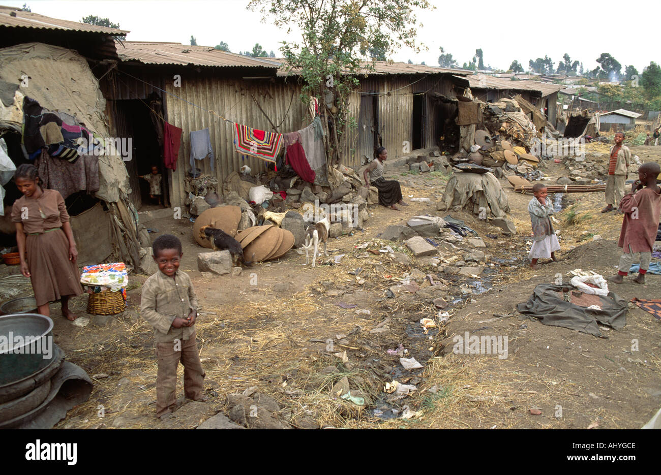 Open sewers and poor housing in a slum area of Addis Ababa. Ethiopia Stock Photo
