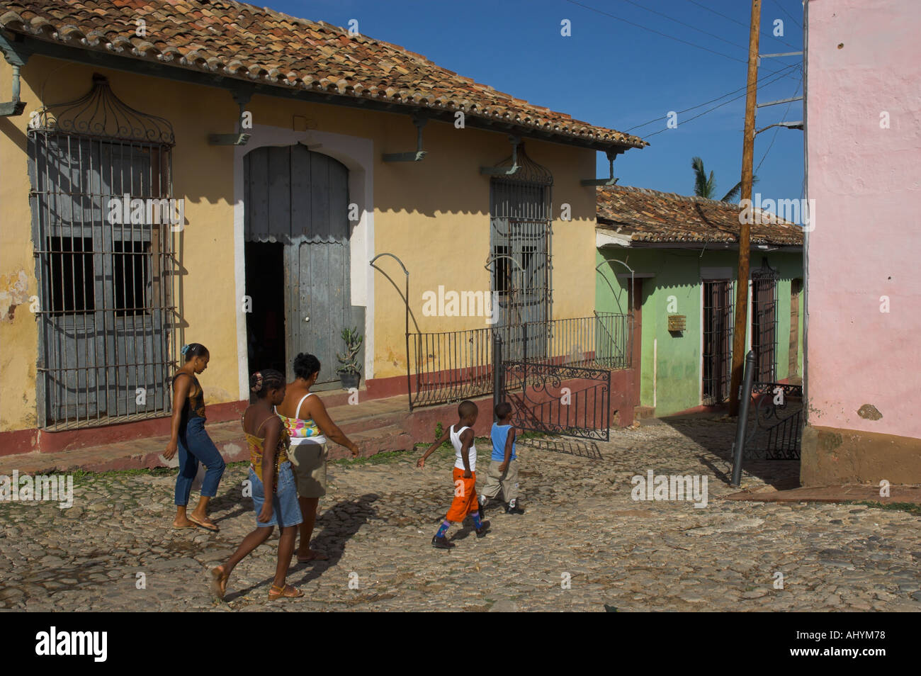 Cuba Trinidad Plaza Mayor typical paved street and typical colourful ...