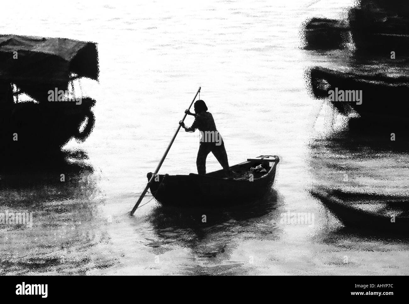 Boats in Aberdeen Harbour Hong Kong - monochrome study Stock Photo