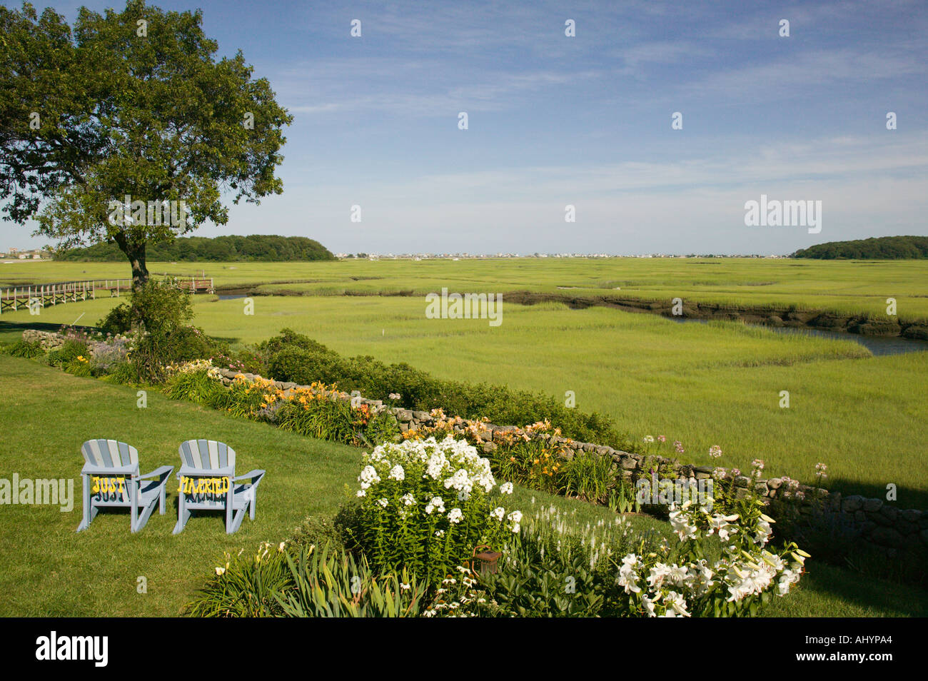 Adirondack Chairs with Just Married Sign Cape Cod Massachusetts Stock