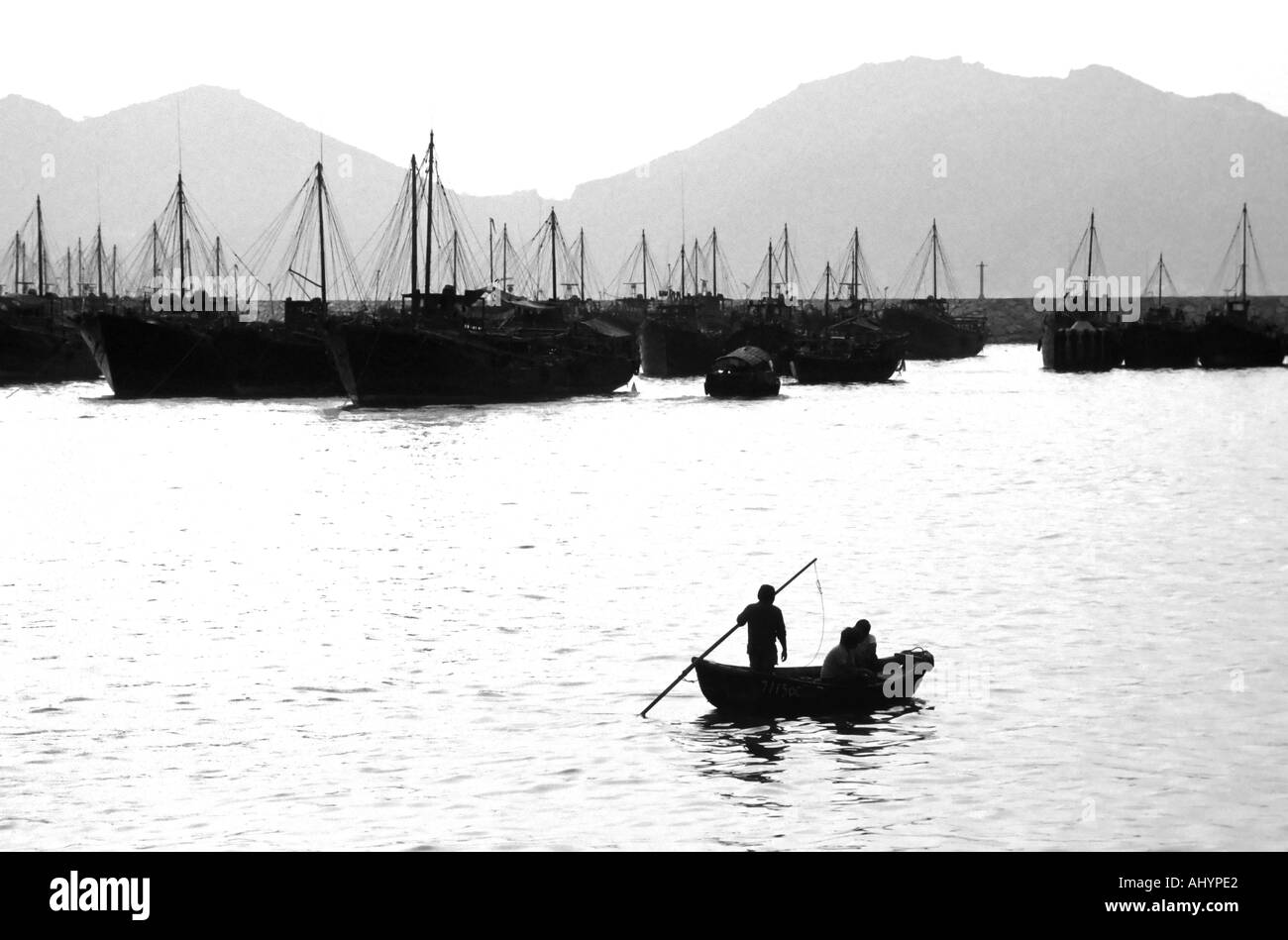 Timeless scene at Aberdeen Harbour Hong Kong bw Stock Photo