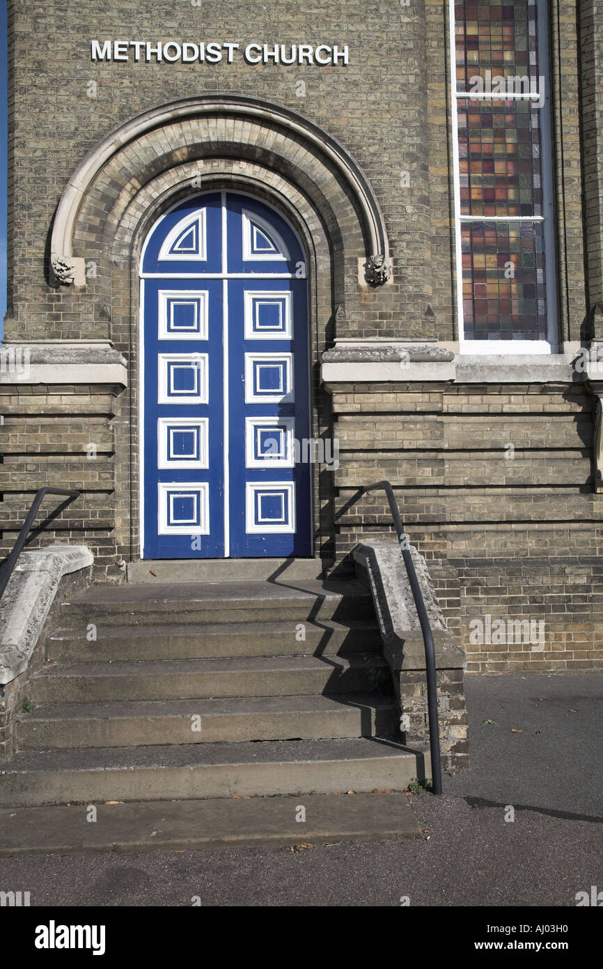 Blue and white squared door of Methodist church Woodbridge Suffolk