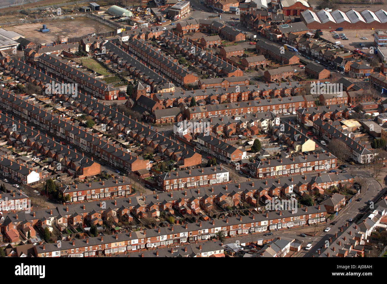 Aerial view of Terraced houses in Aston area of Birmingham England Uk
