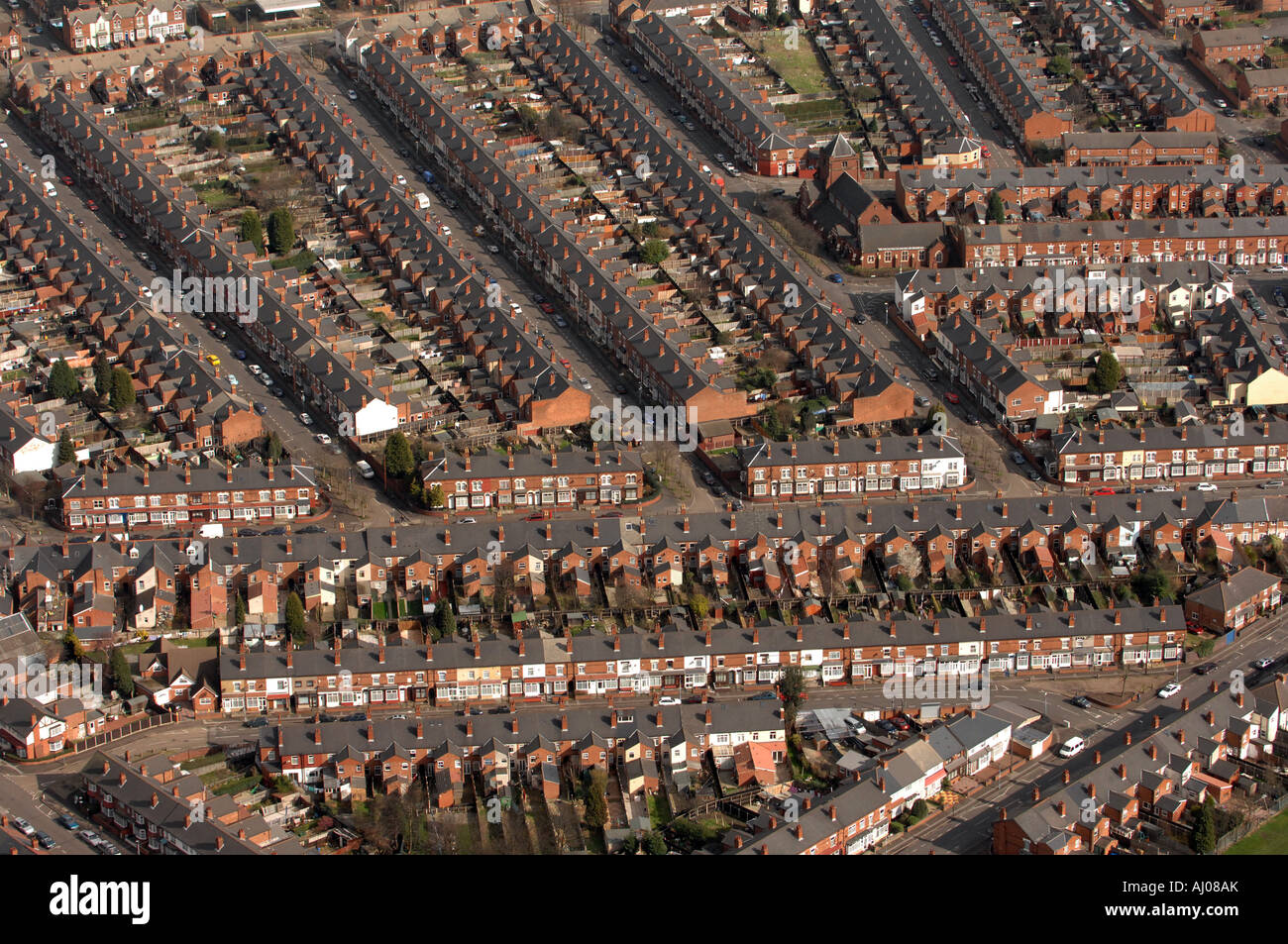 Aerial view of Terraced houses in Aston area of Birmingham England Uk