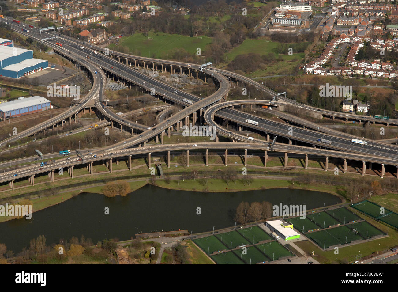 Spaghetti junction of the M6 motorway  Birmingham West Midlands junction 6. M6 motorway motorways intersection aerial view elevated section road Stock Photo