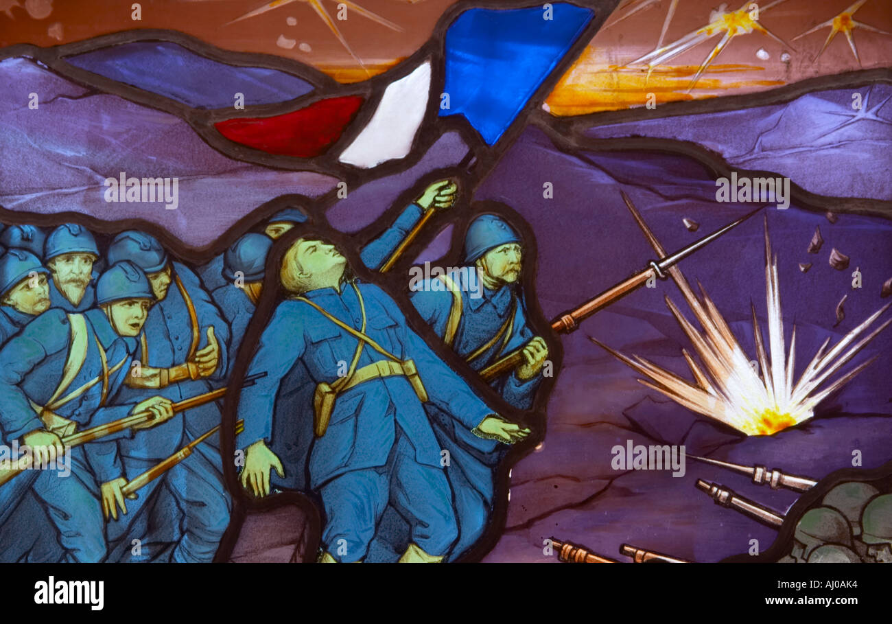 Stained glass window of The WW1 Battle of The Marne in Montparnasse Cemetery Paris France Stock Photo