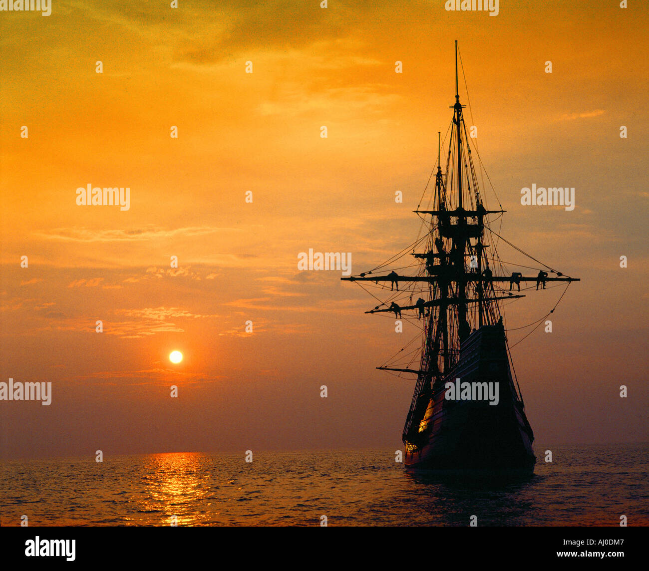 Mayflower II replica at deep red sunset Massachusetts Stock Photo