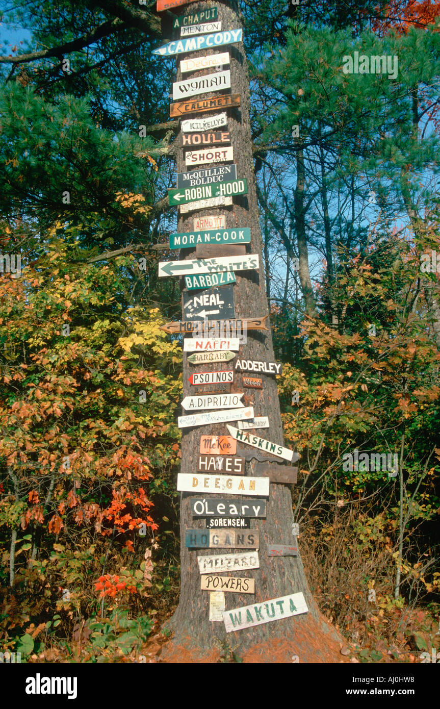 Highway signs to all points nailed onto a tree Stock Photo