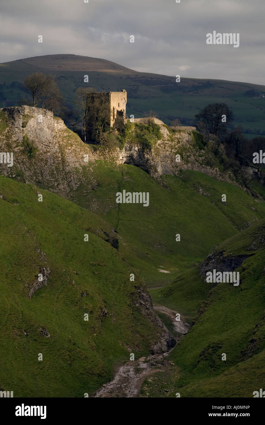 Cave Dale in Castleton Derbyshire with the sunkissed Peveril Castle highlighted on the steep
