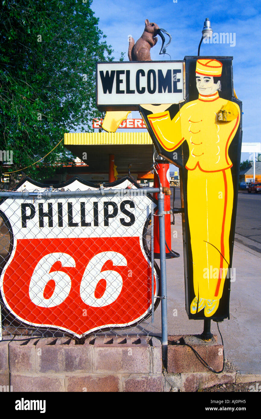 Roadside signs on Route 66 AZ Stock Photo