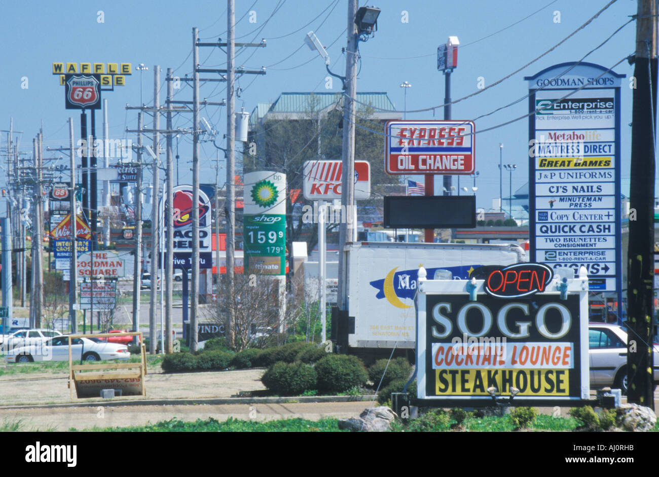 Line of fast food restaurants gas stations and urban clutter in Northern MS outside of Memphis TN Stock Photo