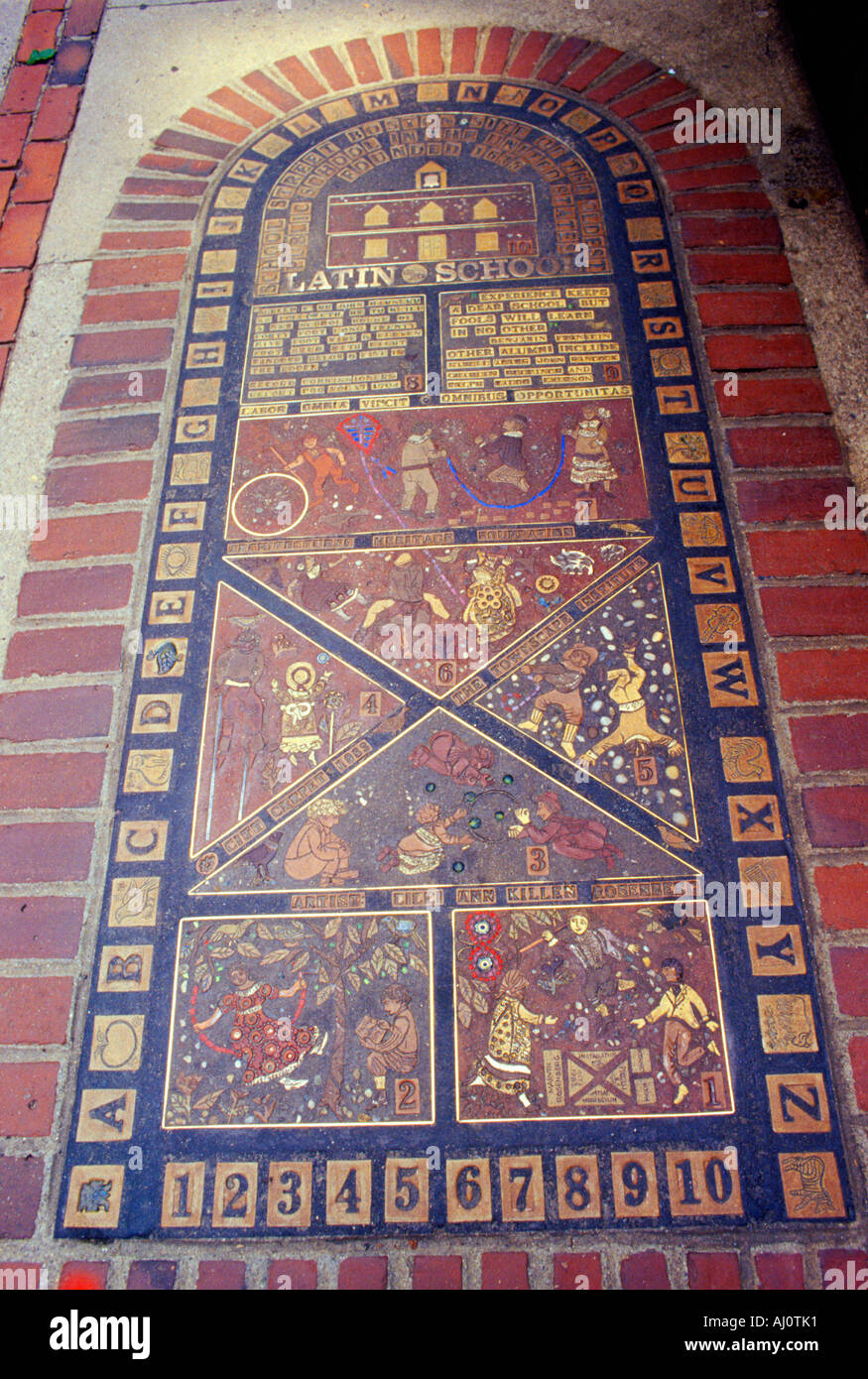 Intricate brick design on 1st public school house floor Boston MA Stock Photo