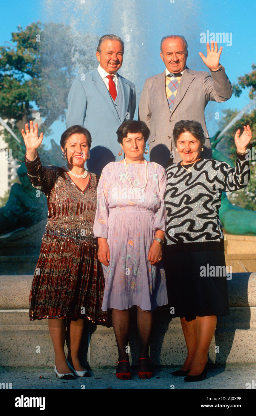 Albanian immigrant family celebrating American citizenship Logan Square Fountain Philadelphia Pennsylvania Stock Photo