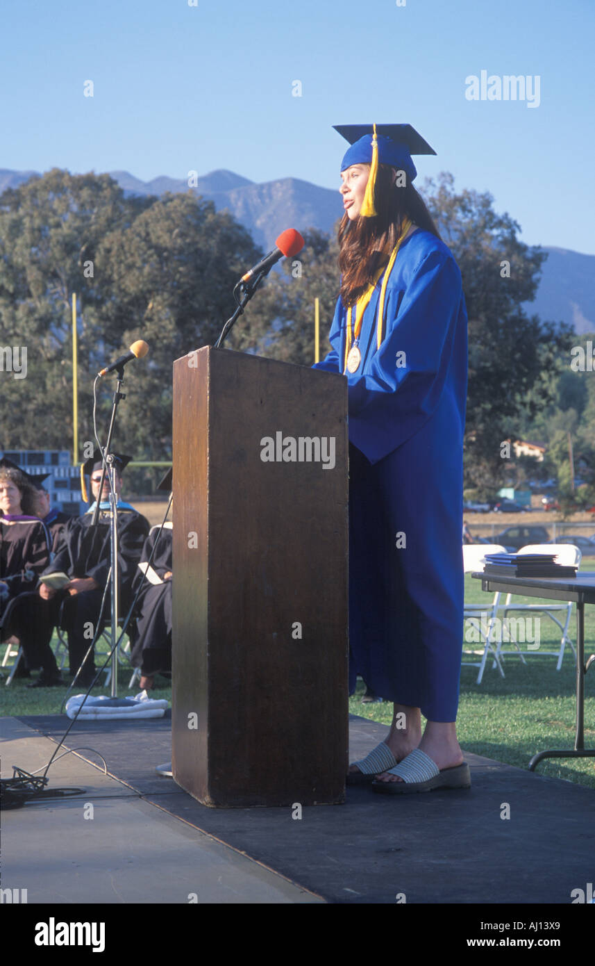 High school valedictorian giving her commencement speech Ojai CA Stock