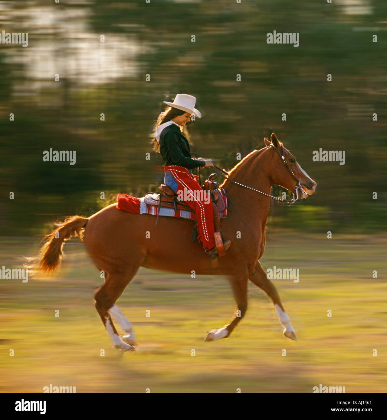 young woman riding horse Stock Photo