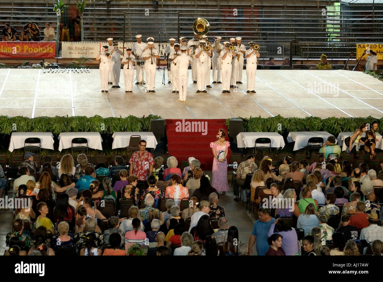 USA, Hawaii, Hilo, Big Island, 43rd Merrie Monarch Hula Festival, U.S. Pacific Fleet Band opens festivities Stock Photo