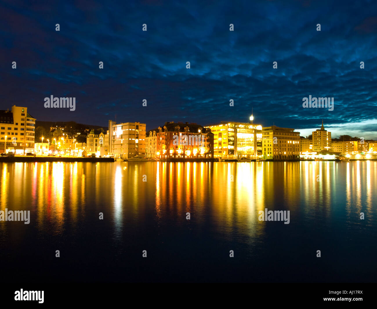 The brilliant night lights of Vågen in Bergen, Norway. Stock Photo